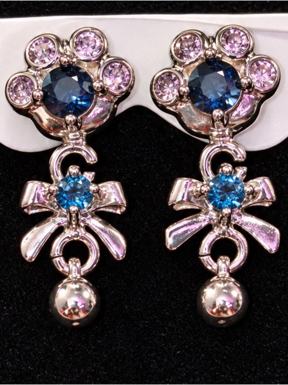 Bow Drop Earrings with Blue and Pink Crystals